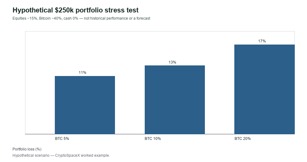 Bar chart of hypothetical portfolio loss percentages at Bitcoin weights of 5, 10 and 20 percent